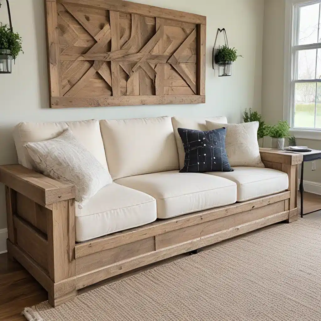 Repurposed Wood Accents for Farmhouse-Inspired Sofas