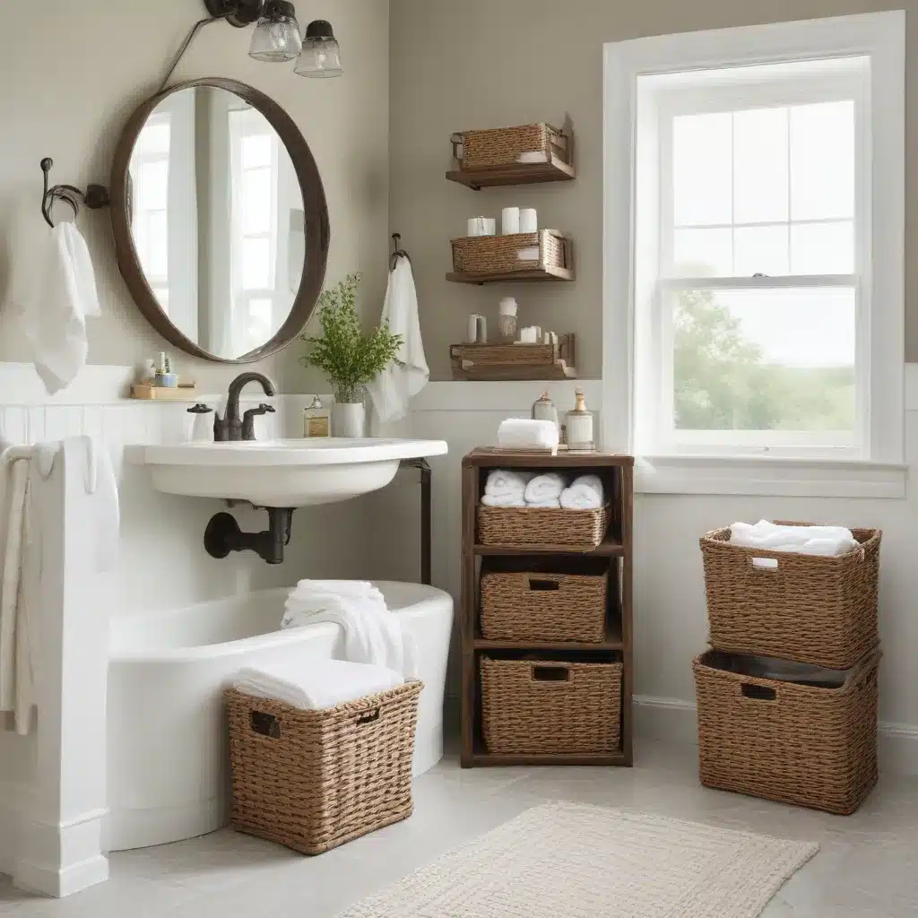 Baskets and Bins Bring Farmhouse Charm to Baths