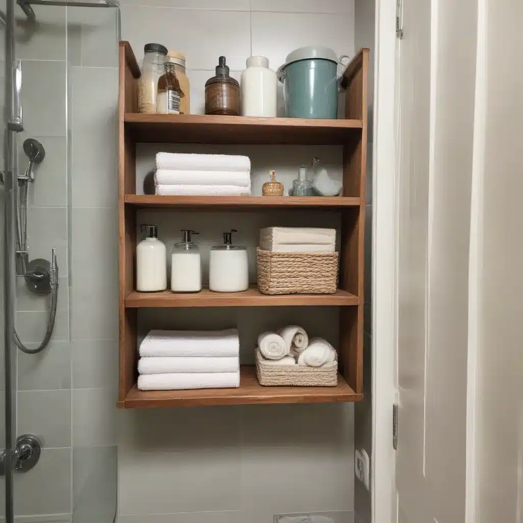 Hanging Shelves Add Vertical Storage in Cramped Baths