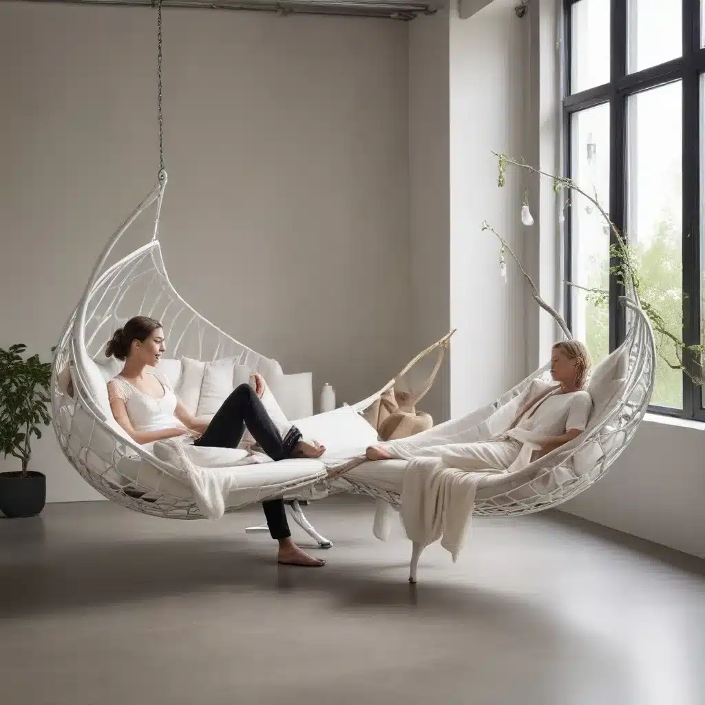 Stylish Couple Lounging on Suspended Chaise Longues